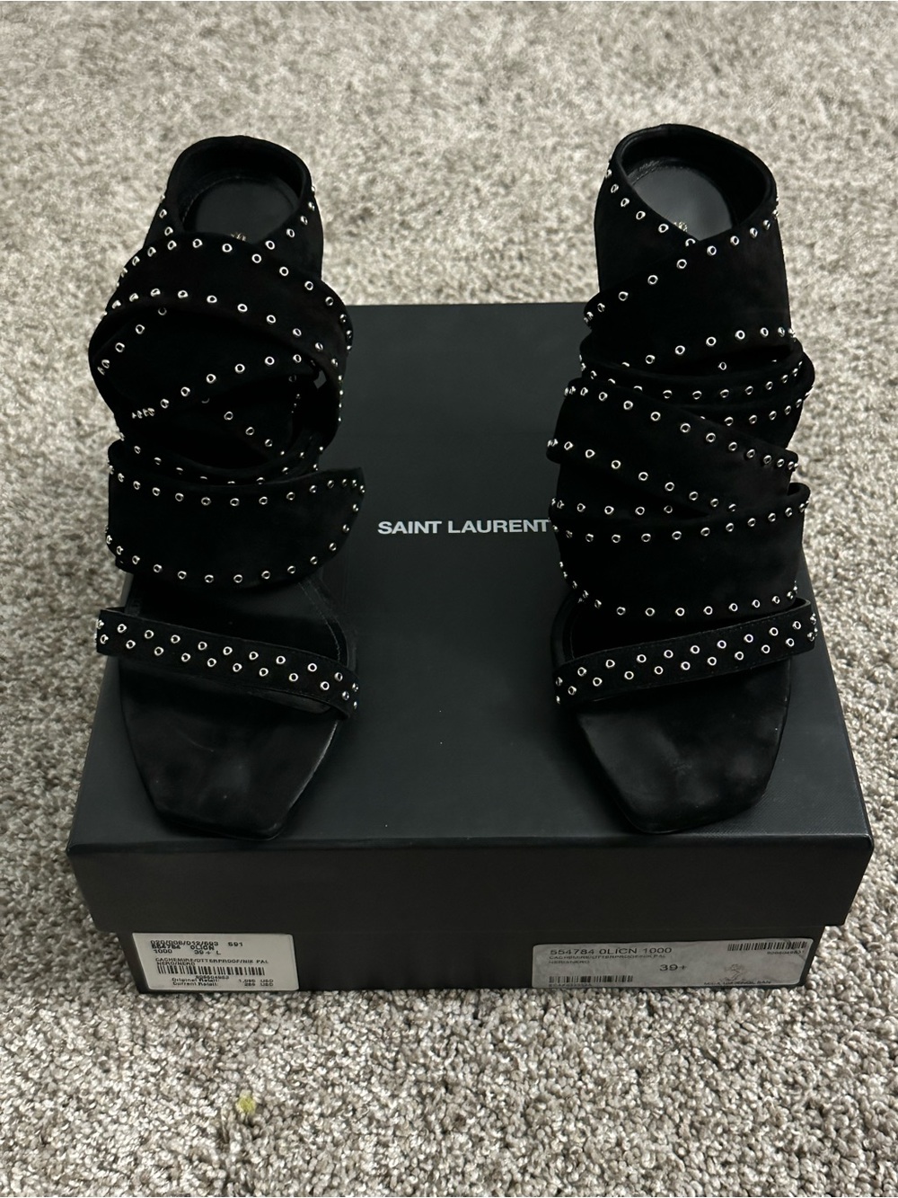 Saint Laurent Black Studded Suede Around Wrap Heels EUR 39.5